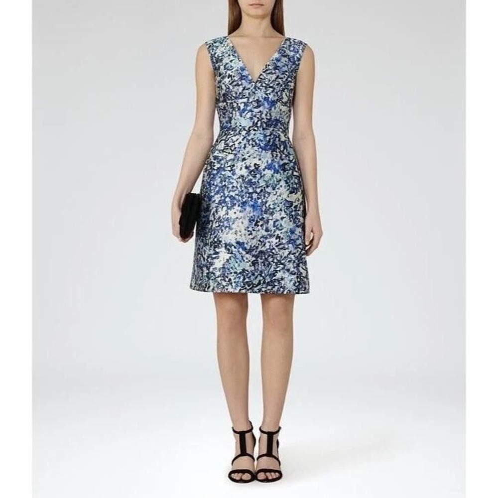 REISS Ice Blue Allium Floral Printed V-Neck Sleeveless Fit & Flare Dress Size 10